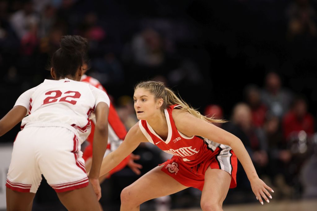 Ohio State's Jacy Sheldon playing clutch defense down the stretch of the Buckeyes' comeback victory against Indiana (Photo Credit: John McClellan)