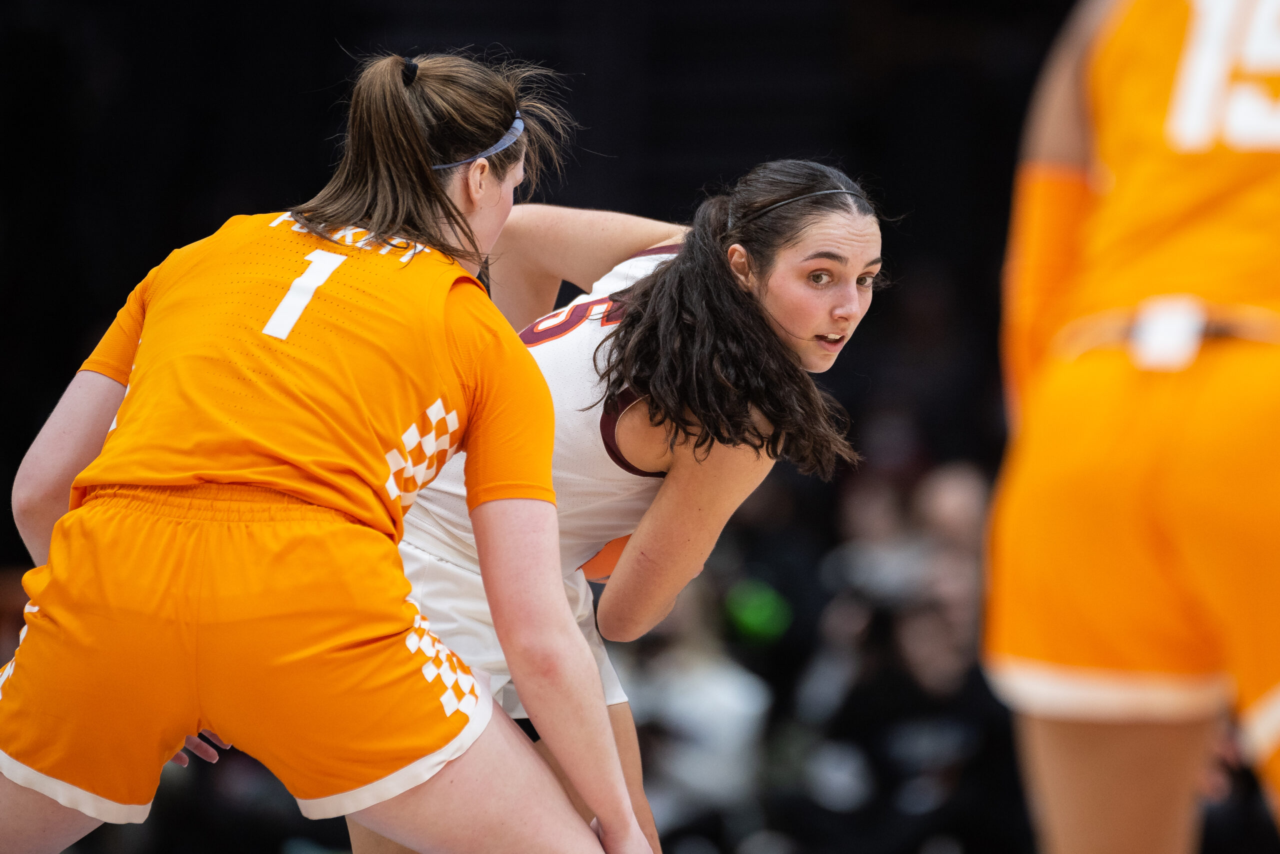 Virginia Tech guard Georgia Amoore (5) reads the defense in Virginia Tech’s 73-64 win over Tennessee at the Sweet 16 round of the NCAA Women’s Basketball Tournament, March 25, 2023, at Climate Pledge Arena in Seattle, Wash. (Photo Credit: Lydia Ely)