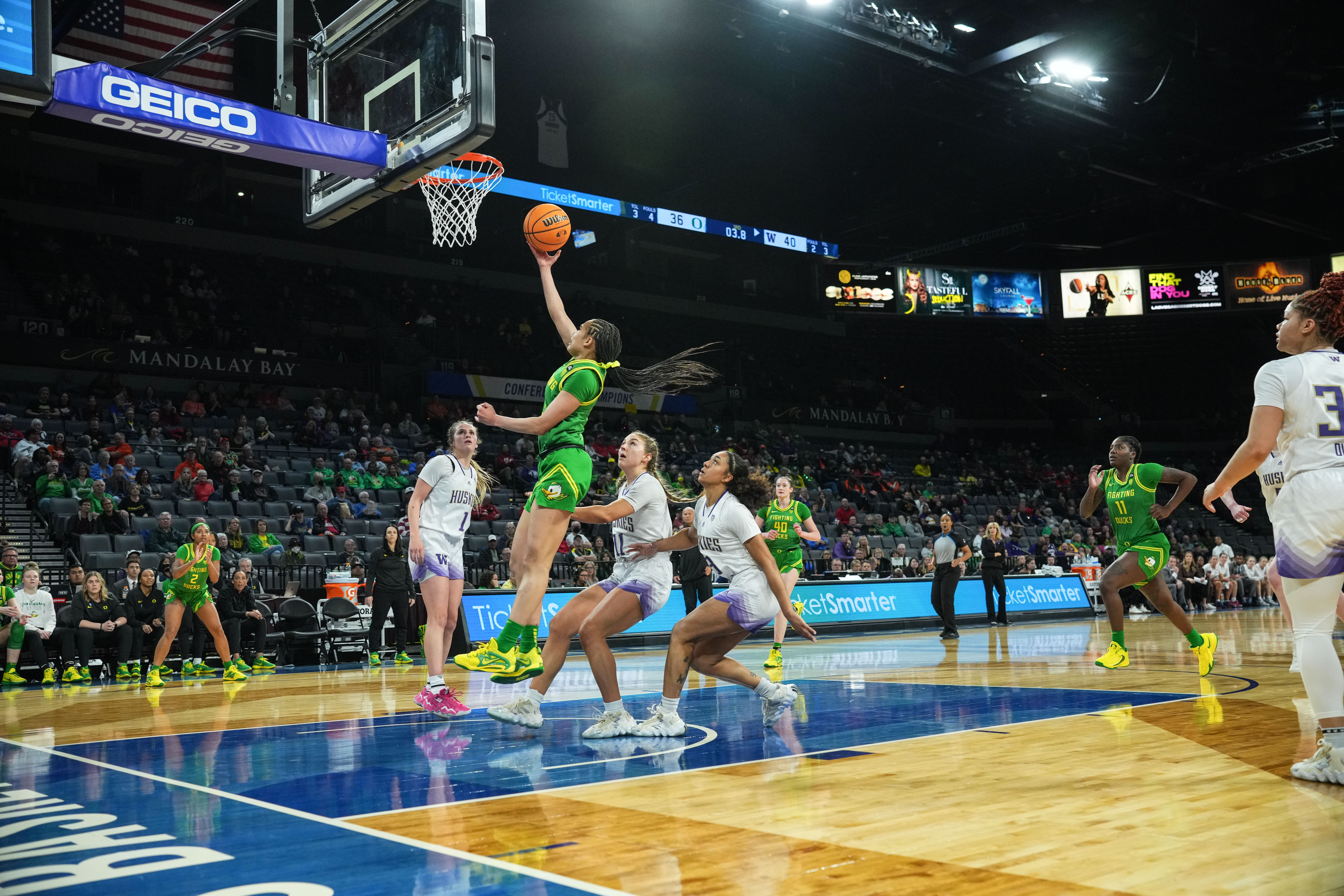 Endyia Rogers shoots a layup in her 28 point performance against Washington during the Pac-12 tournament on March 1, 2023. Photo Credit: Powers Imagery