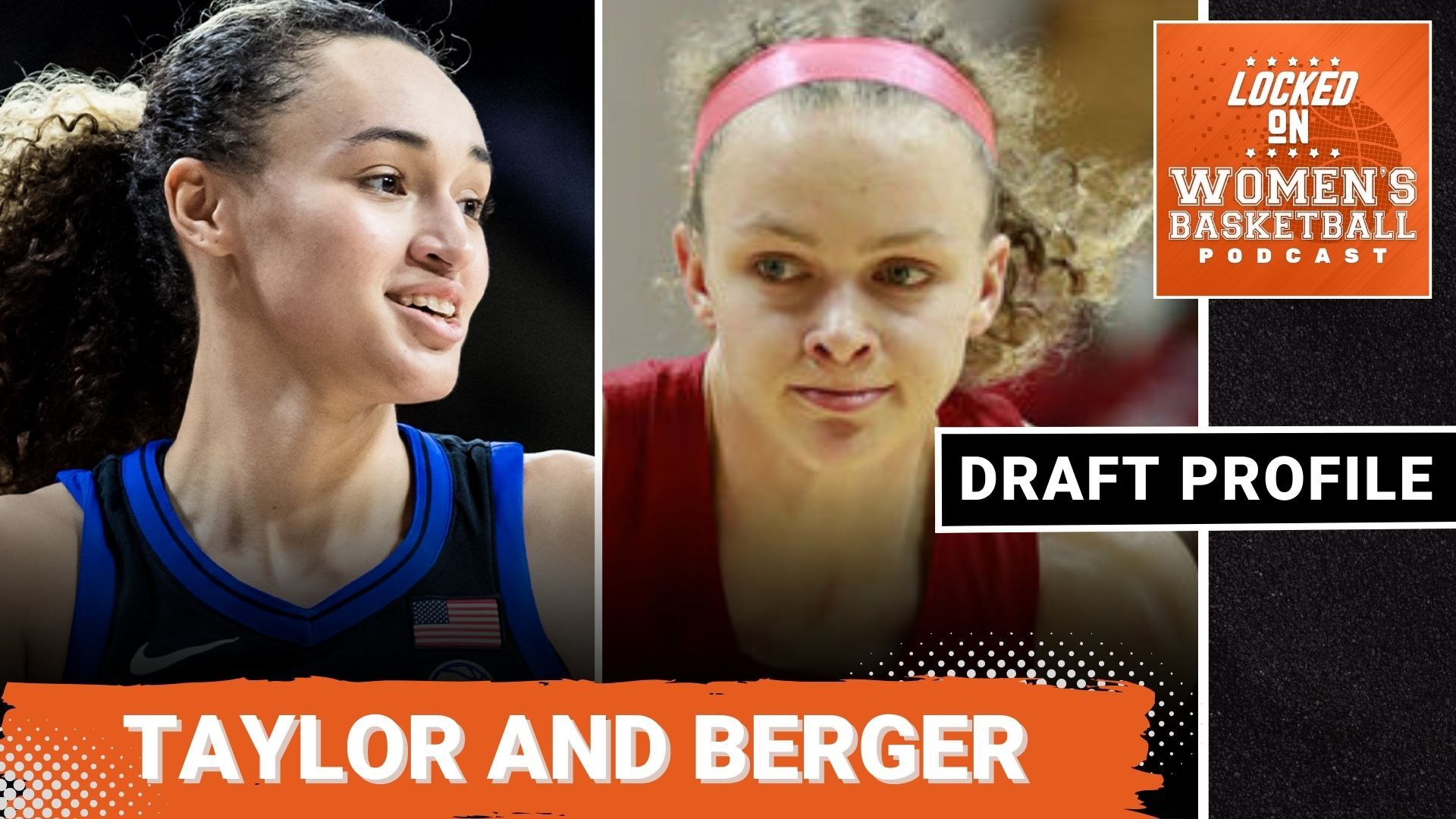Duke's Celeste Taylor and Indiana's Grace Berger are shown in up-close shots. The text "Taylor and Berger" is overlaid in all caps at the bottom, the Locked on Women's basketball logo is in the top right corner, and the text "Draft Profile" is underneath the logo.
