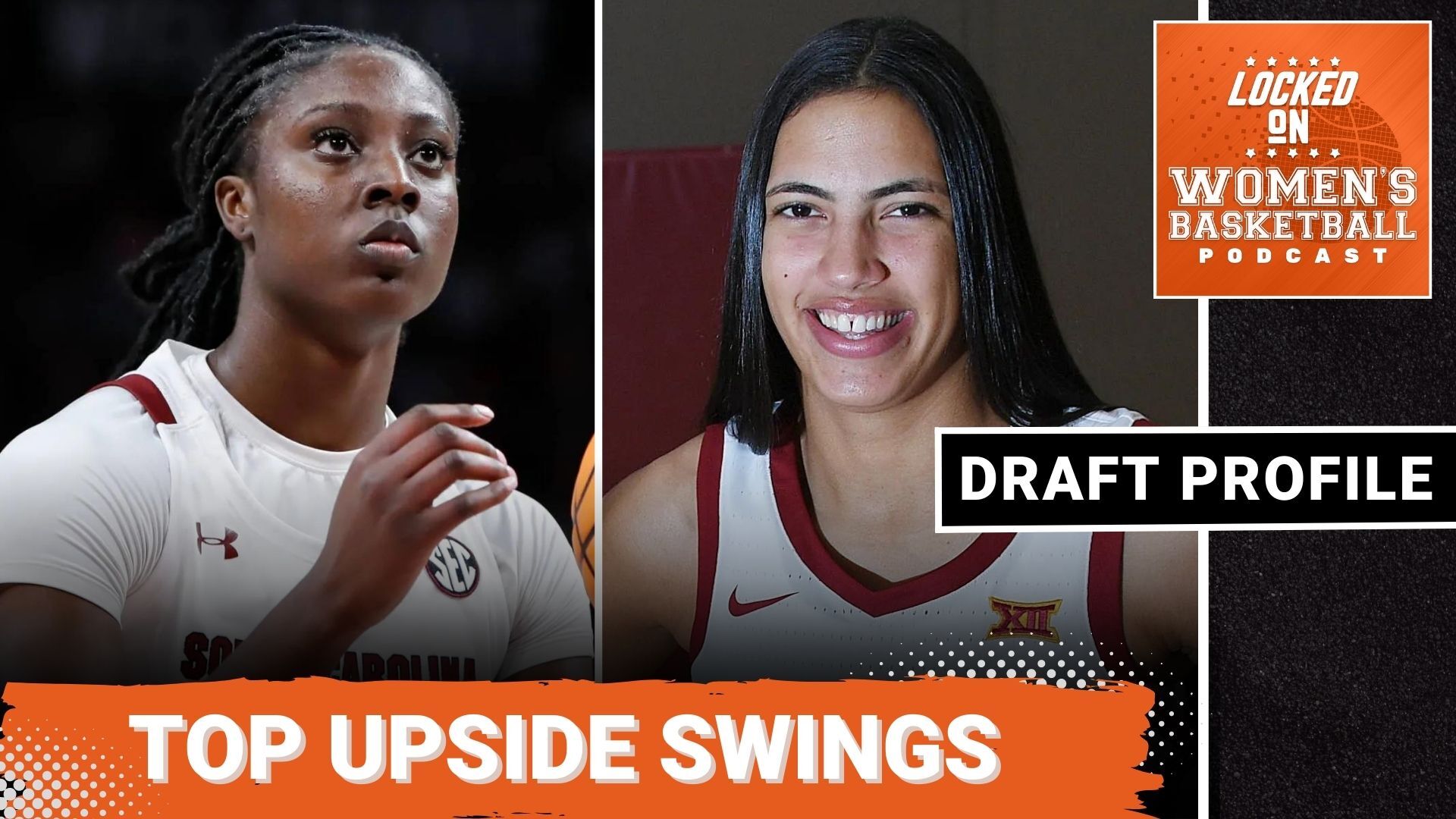 Close-up photos of South Carolina's Laeticia Amihere and Iowa State’s Stephanie Soares are displayed side-by-side. The text "Top Upside Swings" is overlaid at the bottom in all caps, the Locked on Women's Basketball logo is in the upper right corner, and the text "Draft Profile" is in all caps below the logo.