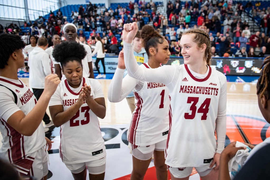 UMass celebrates its March 4 Atlantic 10 Tournament semifinals win over Richmond. 