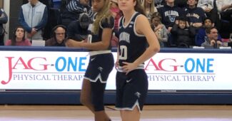 Maddy Siegrist at midcourt during a Villanova game vs. Seton Hall, Feb. 27, 2023. (Howard Megdal photo)