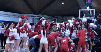 Sacred Heart celebrates their NEC title win on Sunday, Mar. 12, 2023. (Howard Megdal photo)