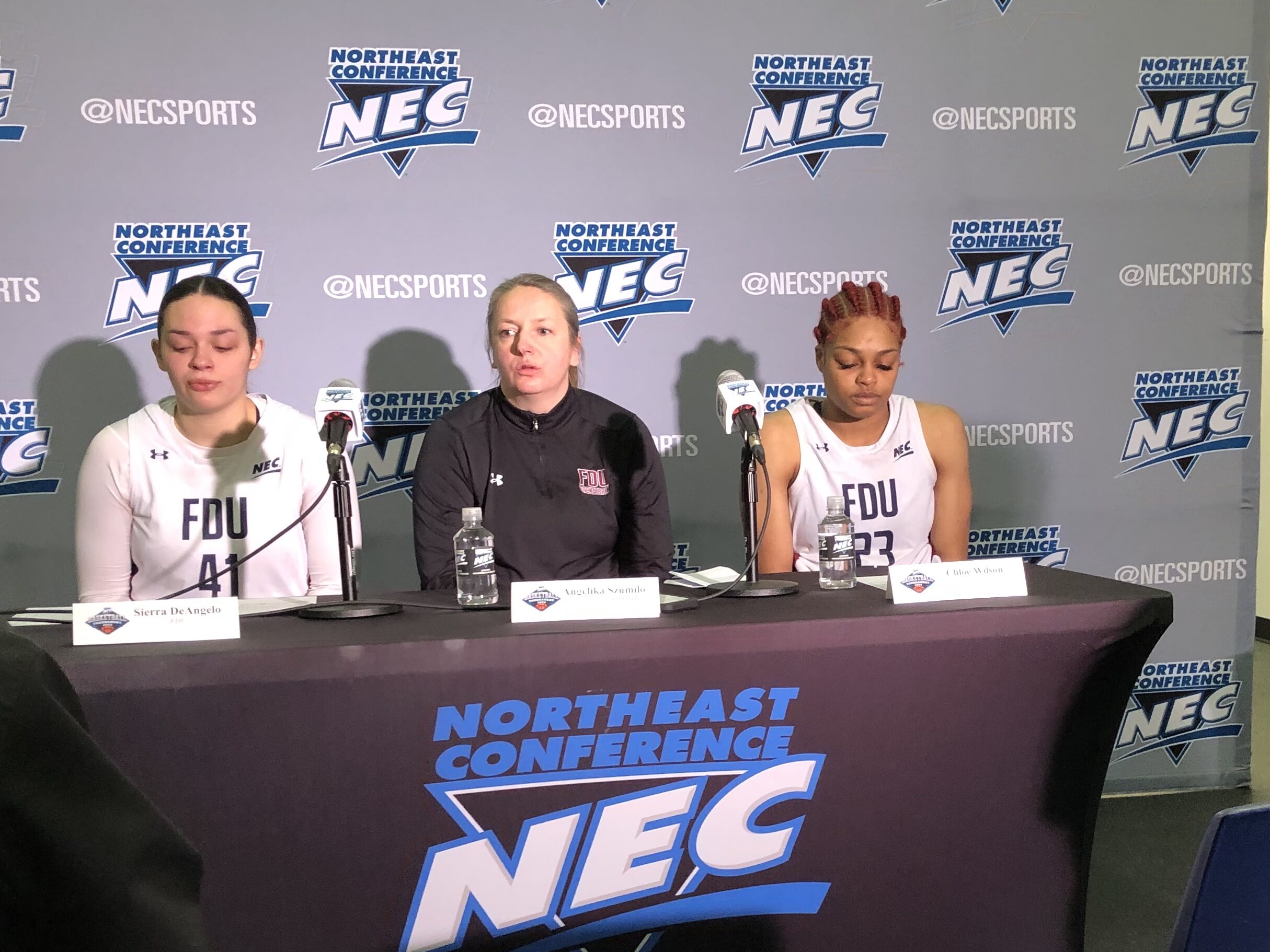 Fairleigh Dickinson's postgame press conference following the NEC title game on Mar. 12, 2023. (Howard Megdal photo)