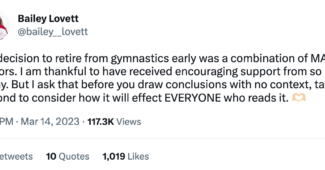A tweet showing Bailey Lovett's retirement announcement from gymnastics.