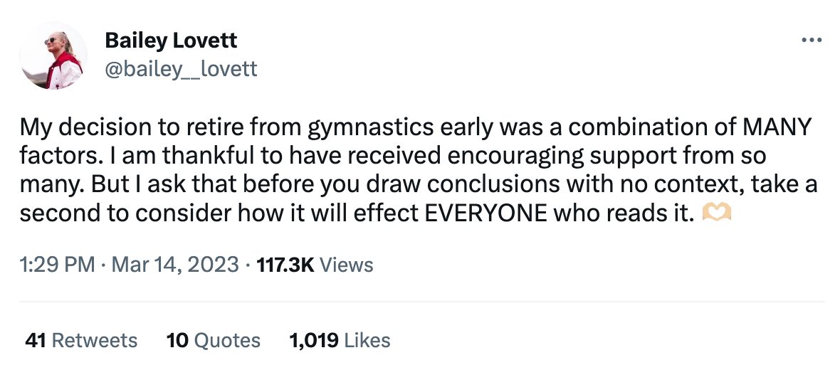 A tweet showing Bailey Lovett's retirement announcement from gymnastics.