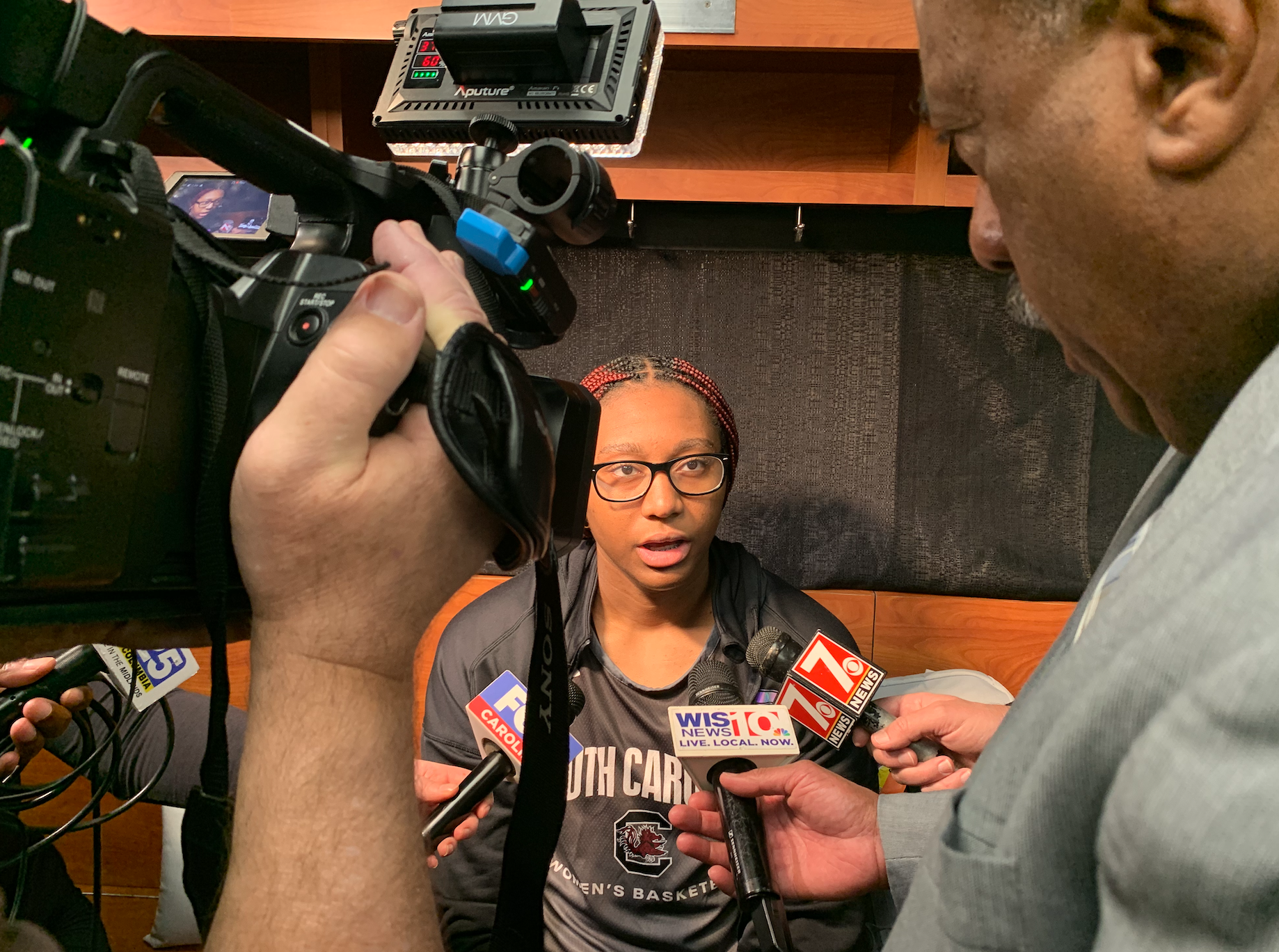 South Carolina star Aliyah Boston addresses media in locker room ahead of UCLA matchup at Bon Secours Wellness Arena in Greenville, S.C. on March 24, 2023. (Photo credit: Gabriella Lewis)