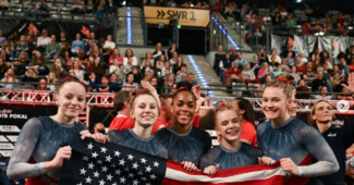 From left, Nola Matthews, Ashlee Sullivan, Zoe Miller, Joscelyn Roberson, and Lexi Zeiss after winning gold in Stuttgart, Germany at the DTB Pokal Team Challenge/@usagym on Instagram