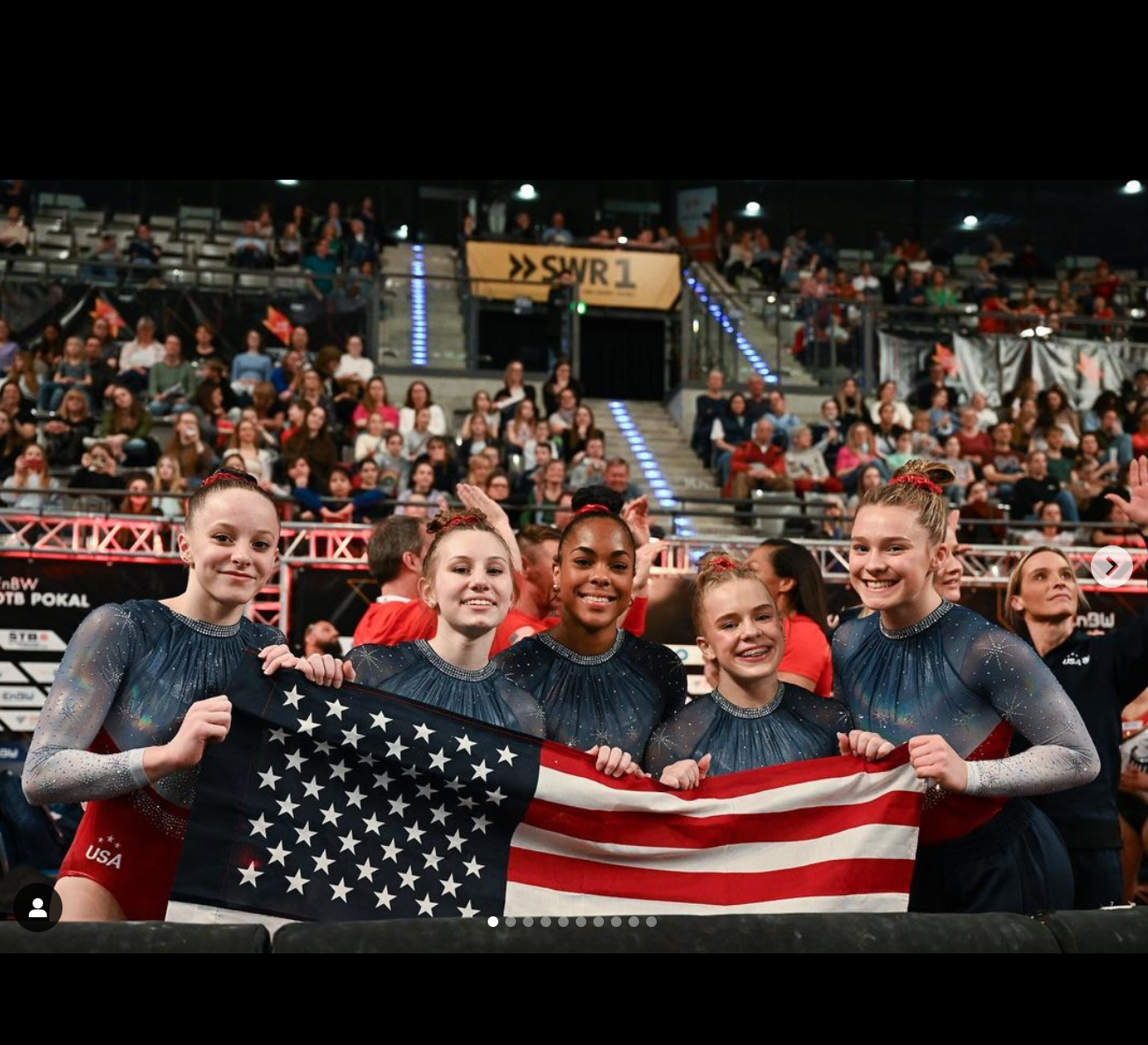 From left, Nola Matthews, Ashlee Sullivan, Zoe Miller, Joscelyn Roberson, and Lexi Zeiss after winning gold in Stuttgart, Germany at the DTB Pokal Team Challenge/@usagym on Instagram