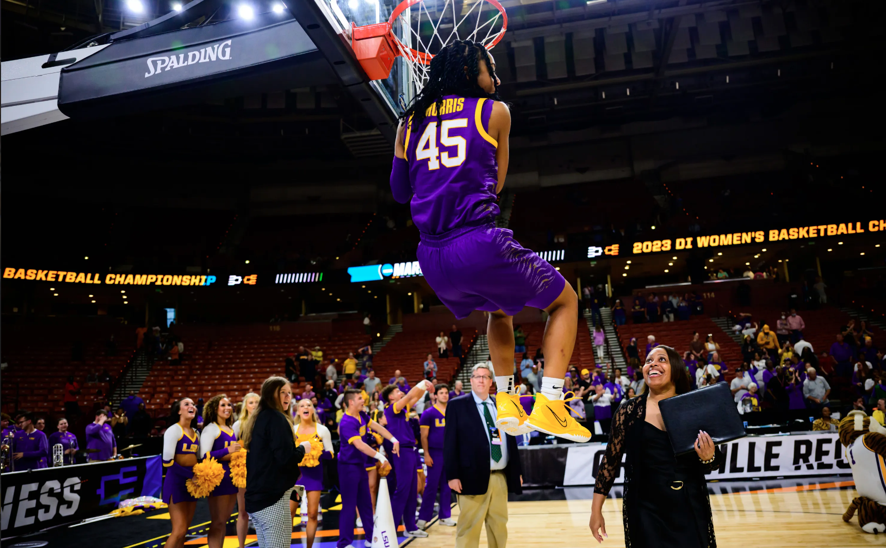 Alexis Morris celebrates after LSU's Sweet 16 win over Utah.