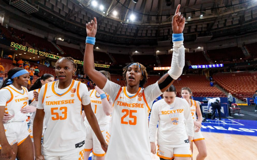 Jordan Horston signals to the crowd after win over Kentucky in the SEC Tournament Quarterfinals.