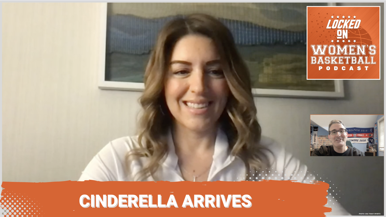 Sacred Heart head coach Jessica Mannetti smiles during her podcast appearance. The text "Cinderella Arrives" is overlaid at the bottom in all caps, the Locked on Women's Basketball logo is in the upper right corner, and host Howard Megdal is shown underneath the logo.