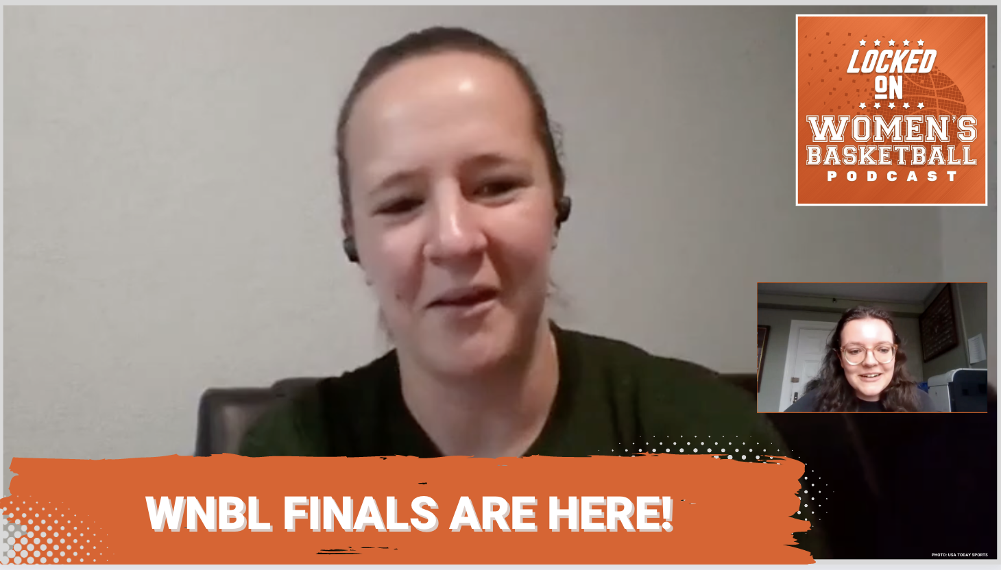 Screenshot of WNBL writer Hayley Wildes from the podcast recording with a text overlay that reads "WNBL Finals are here."