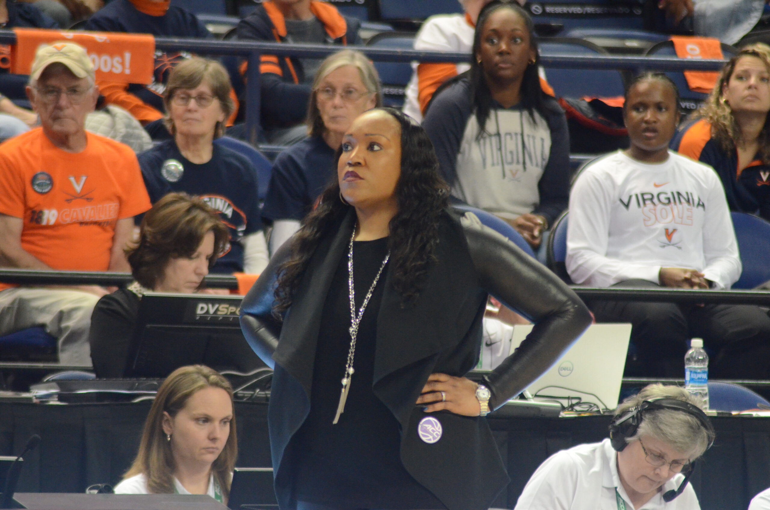 Virginia coach Amaka Agugua-Hamilton on the sidelines of the ACC Tournament in Greensboro on March 1, 2023. (Mitchell Northam / The Next)