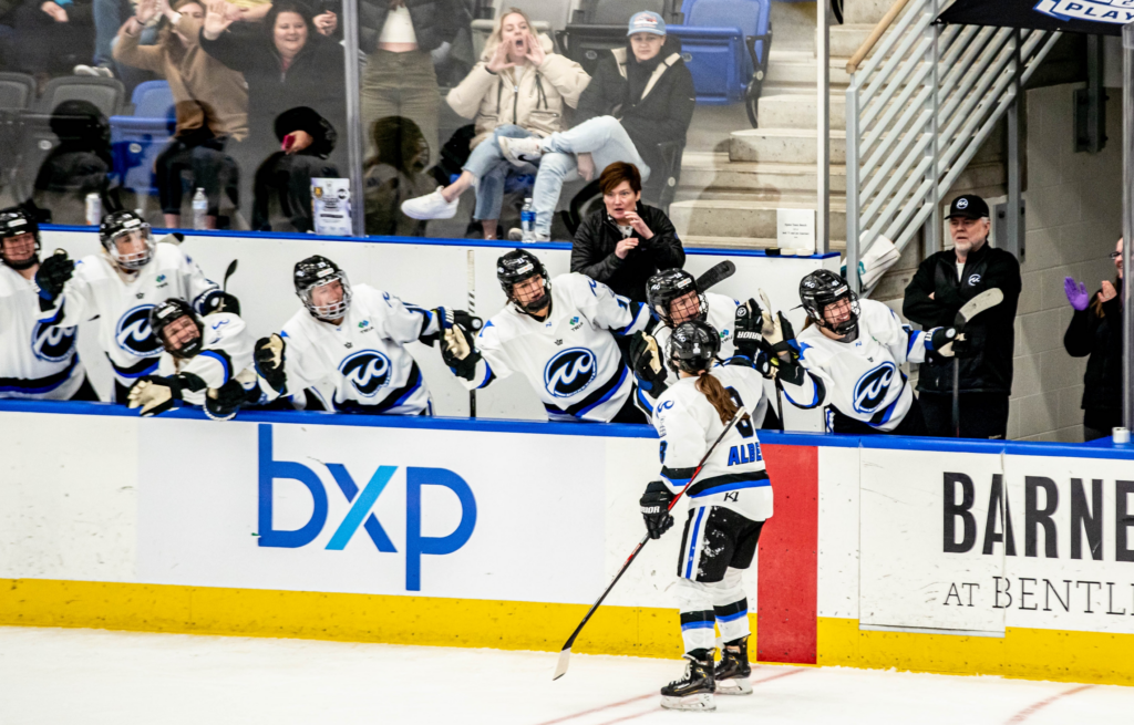 Jonna Albers skates towards teammates during a dominant Isobel Cup Playoff game. (Photo Credit / Minnesota Whitecaps Twitter)
