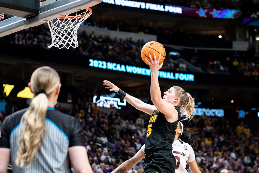 Monika Czinano goes up for a layup in Iowa's 77-73 win over South Carolina on March 31, 2023.