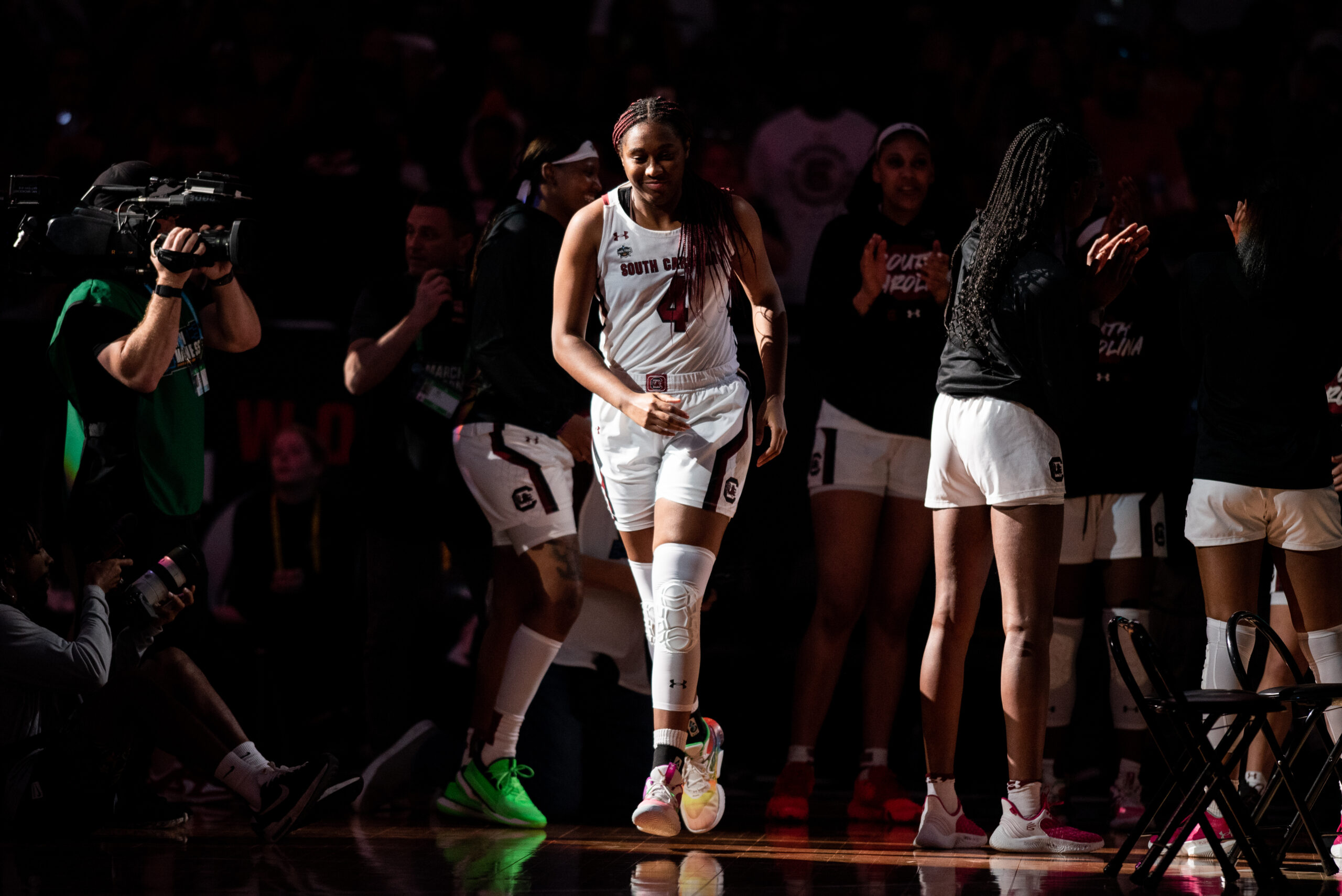 Aliyah Boston smiles as she's announced during starting lineup announcements on Mar. 31, 2023 against Iowa.