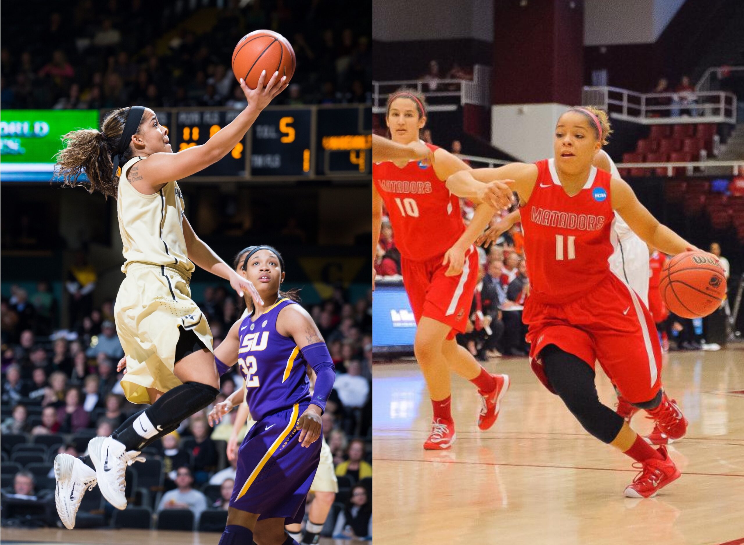 Two side-by-side images. At left, Vanderbilt's Jasmine Lister attempts a right-handed layup as an LSU defender watches. At right, CSUN's Cinnamon Lister drives into the lane with her left hand.