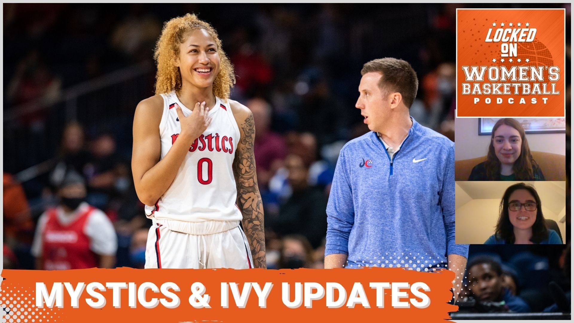 Graphic showing a picture of Washington's Shakira Austin and coach Eric Thibault with a text overlay reading "Mystics & Ivy Updates." A Locked On Women's Basketball logo is in the top right and there are screen grabs of host Natalie Heavren and guest Jenn Hatfield stacked below.