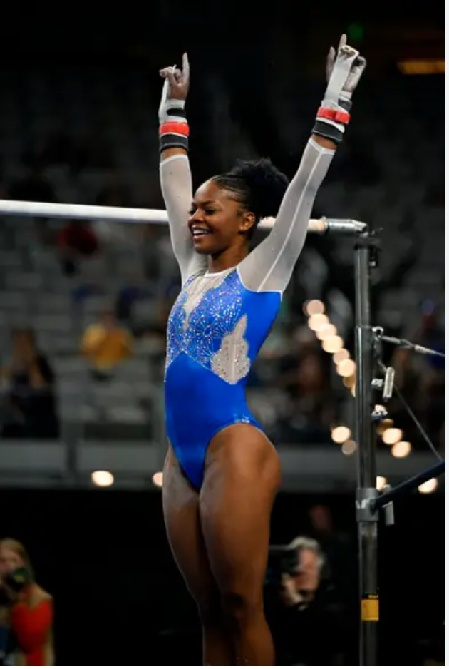 Florida's Trinity Thomas after competing on uneven bars at the NCAA national semifinal Thursday evening. Photo credit: Jerome Miron - USA Today Sports