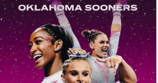 Oklahoma gymnasts are featured in school leotards as in front of a purple backdrop and white text that reads "Back-to-Back National Champions Oklahoma Sooners.