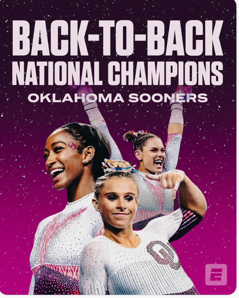 Oklahoma gymnasts are featured in school leotards as in front of a purple backdrop and white text that reads "Back-to-Back National Champions Oklahoma Sooners.