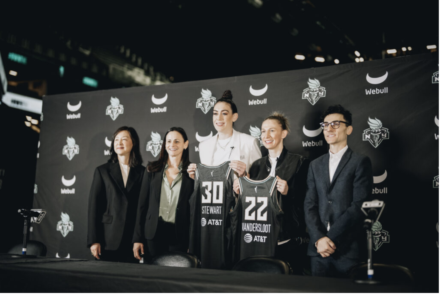 Breanna Stewart and Courtney Vandersloot pose with their new Liberty jerseys. Photo Credit: New York Liberty