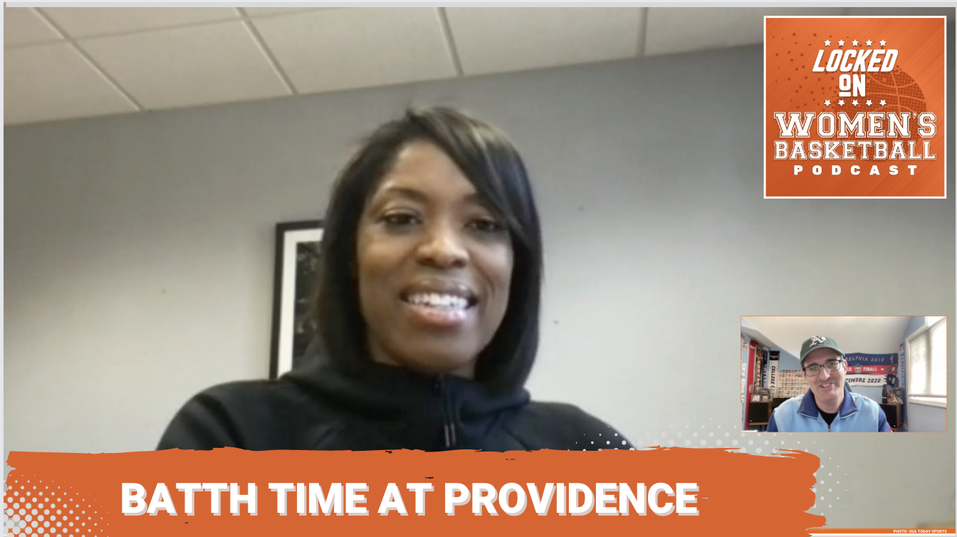 Graphic with a photo of Providence coach Erin Batth with a Locked on Women's Basketball logo in the top right and text on the bottom reading "Batth Time at Providence."