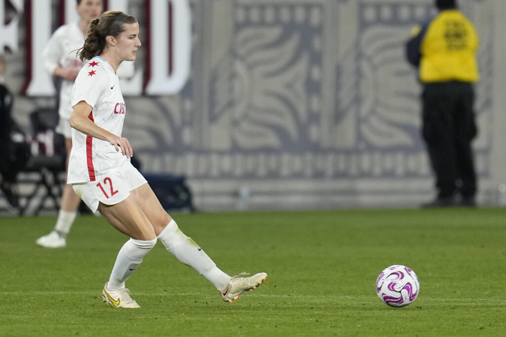 Mar 25, 2023; San Diego, California, USA; Chicago Red Stars defender Tierna Davidson (12) passes the ball during the game at Snapdragon Stadium. Mandatory Credit: Ray Acevedo-USA TODAY Sports