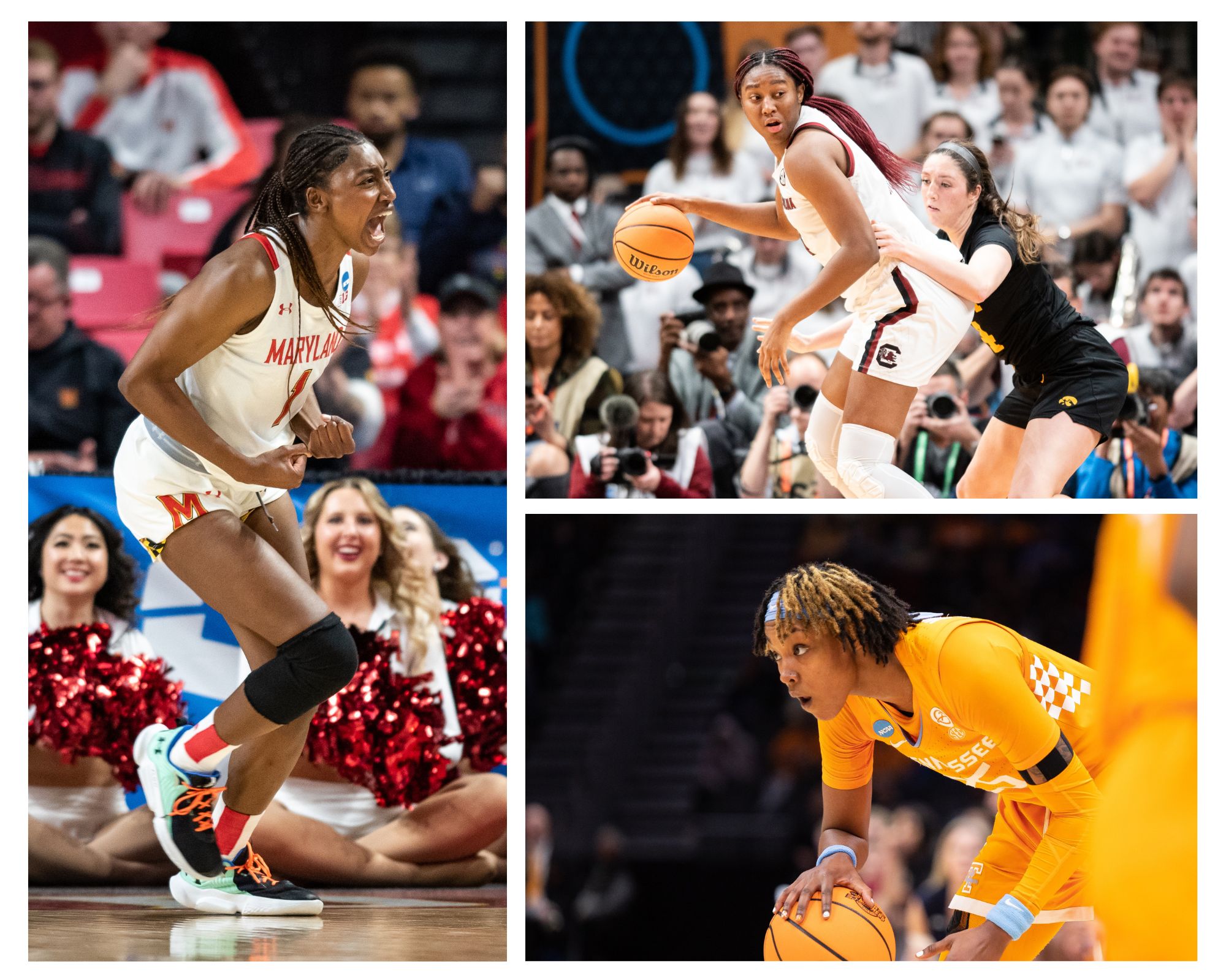 Three photos are arranged in a grid: Maryland's Diamond Miller celebrates on the court at left; South Carolina's Aliyah Boston backs down a defender at top; and Tennessee's Jordan Horston looks up as she dribbles at bottom.