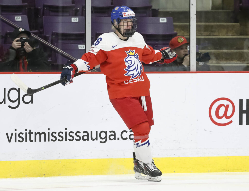 BRAMPTON, ONTARIO - APRIL 13: Katerina Mrazova #16 of Czechia celebrates her second period goal against Finland in Quarterfinal Round action at the 2023 IIHF Ice Hockey Women’s World Championship at CAA Centre on April 13, 2023 in Brampton, Ontario. (Photo by Chris Tanouye/IIHF)