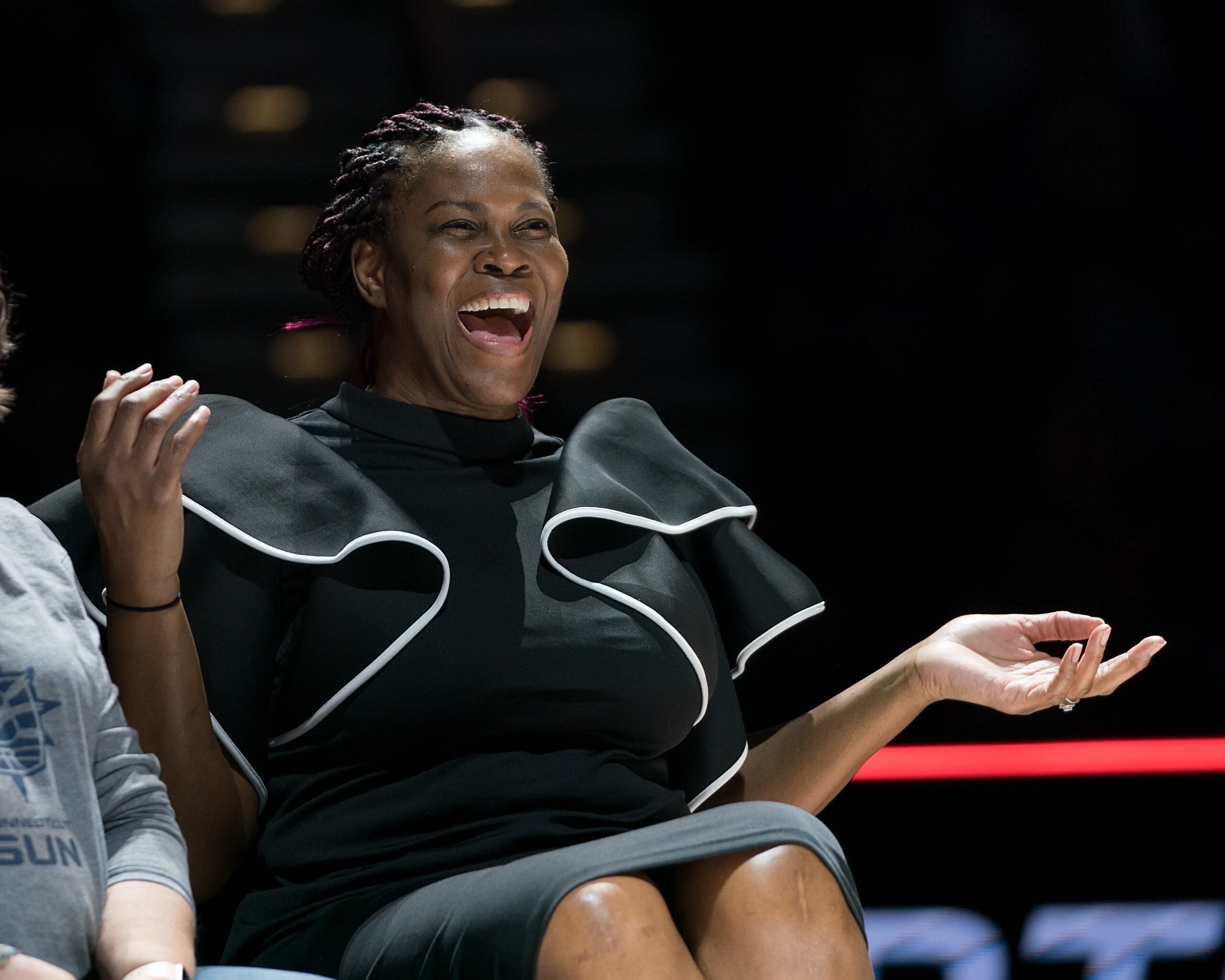 WNBA legend Taj McWilliams-Franklin reacts with a large smile during the ceremony celebrating her career at Mohegan Sun Arena, Uncasville, Connecticut, USA on May 21, 2023.