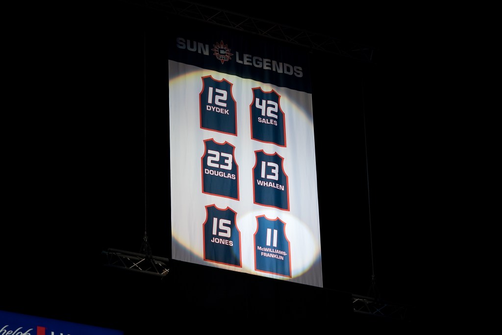 The Sun Legends banner during the ceremony celebrating WNBA legend Taj McWilliams-Franklin, including her newly revealed jersey