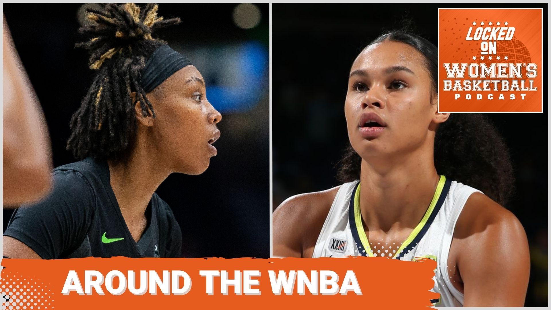 Close-up photos of Seattle's Jordan Horston and Dallas' Satou Sabally are shown side-by-side. The text "Around the WNBA" is overlaid at the bottom in all caps, and the orange Locked on Women's Basketball logo is in the upper right corner.