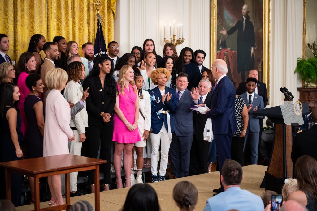 President Joe Biden speaks to the LSU Tigers at the White House