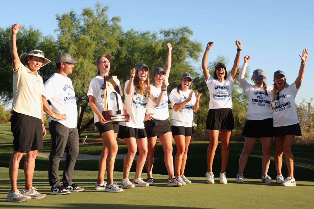 SCOTTSDALE, ARIZONA - MAY 24:  The Wake Forest Demon Deacons pose for a selfie with the trophy after winning the NCAA women’s Golf Championships at Grayhawk Golf Club on May 24, 2023 in Scottsdale, Arizona. (Photo by Christian Petersen/Getty Images)