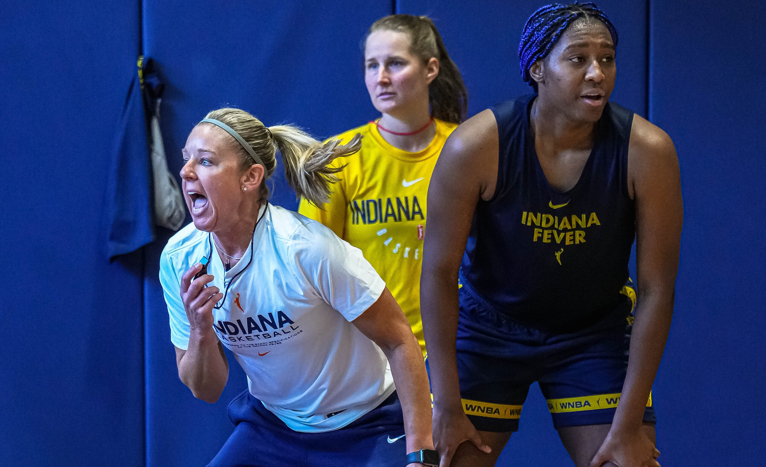 Head Coach Christie Sides and center Aliyah Boston look on during Indiana Fever training camp on April 30, 2023. Photo Courtesy of the Indiana Fever.