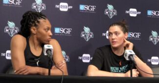 Betnijah Laney and Stefanie Dolson talk with the media at New York Liberty Media Day on Monday, May 8, 2023 in Brooklyn, NY. (Howard Megdal photo)