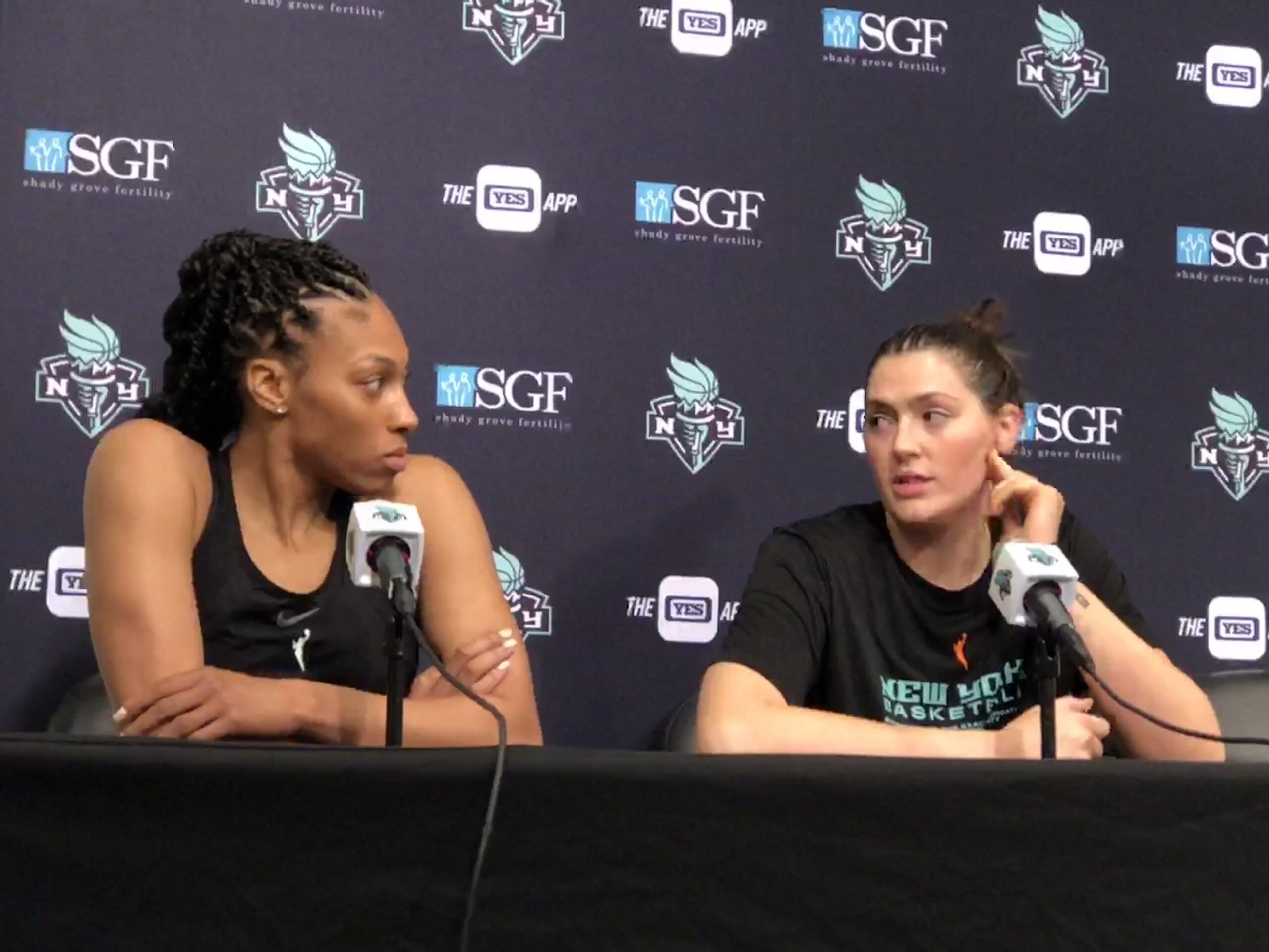 Betnijah Laney and Stefanie Dolson talk with the media at New York Liberty Media Day on Monday, May 8, 2023 in Brooklyn, NY. (Howard Megdal photo)