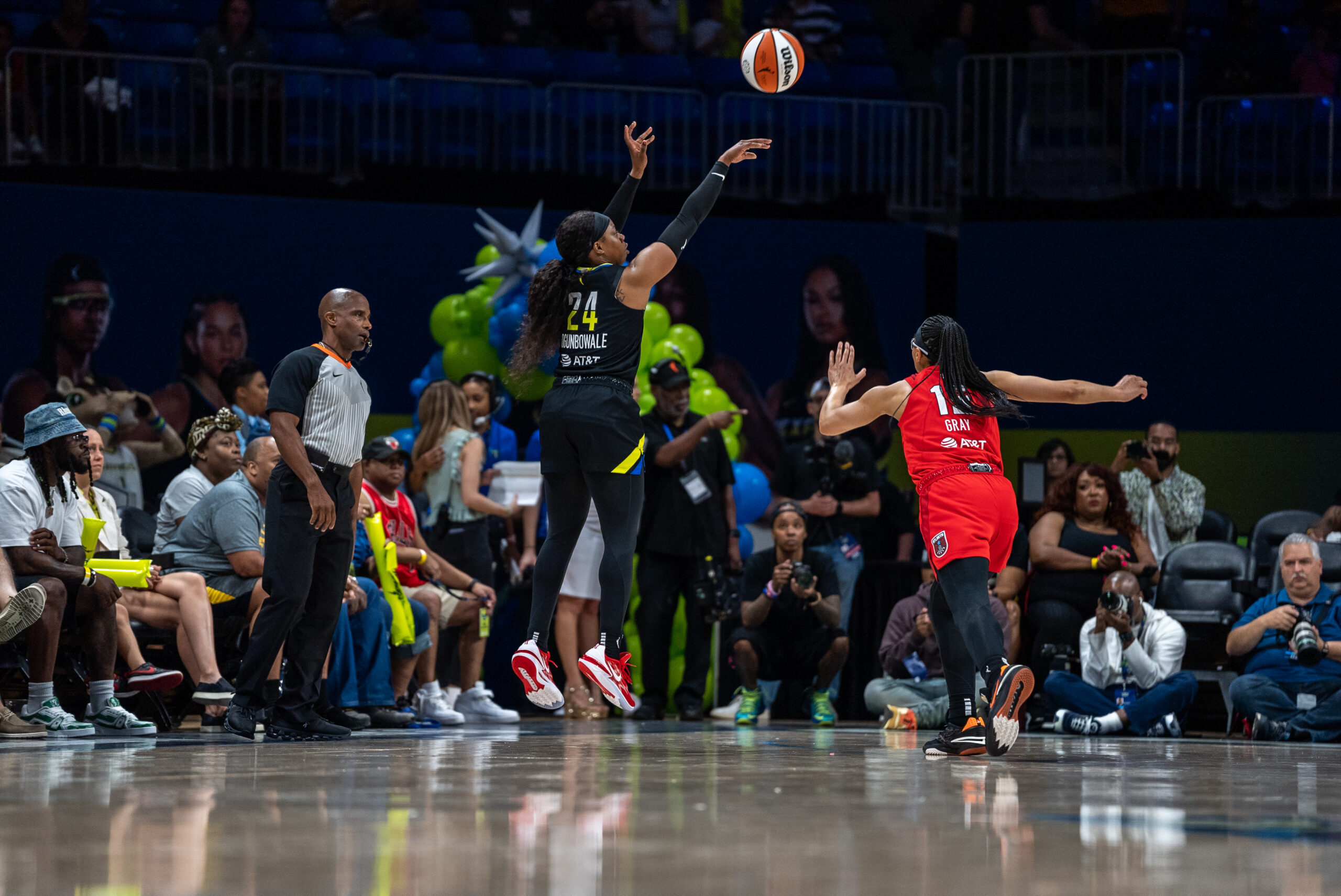 Arike Ogunbowale is pictured throwing up a jumper in a recent game.