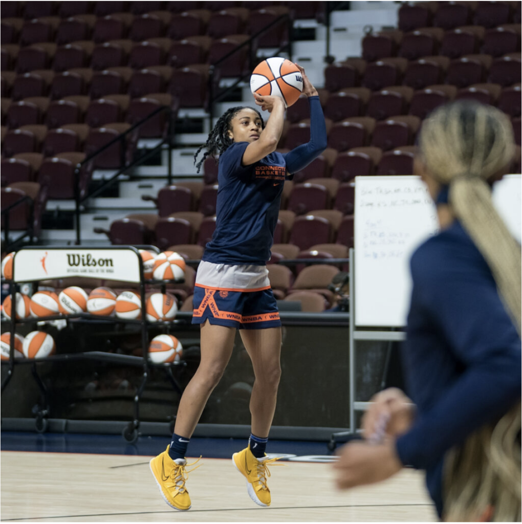 Connecticut Sun guard Alexis Morris during the Connecticut Sun Training Camp at Mohegan Sun Arena, Uncasville, Connecticut, USA on April 30, 2023. Photo Credit: Chris Poss