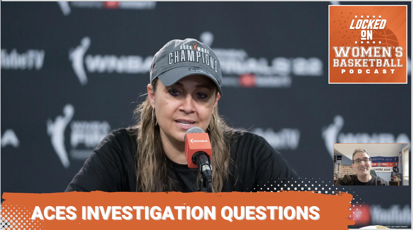 Las Vegas Aces head coach Becky Hammon speaks into a microphone. Below the photo white text on an orange background reads "Aces Investigation Questions"