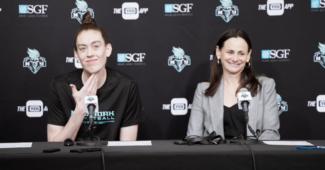Breanna Stewart and Sandy Brondello of the New York Liberty speak to the media following New York's win over the Indiana Fever on May 21, 2023. (Screenshot)
