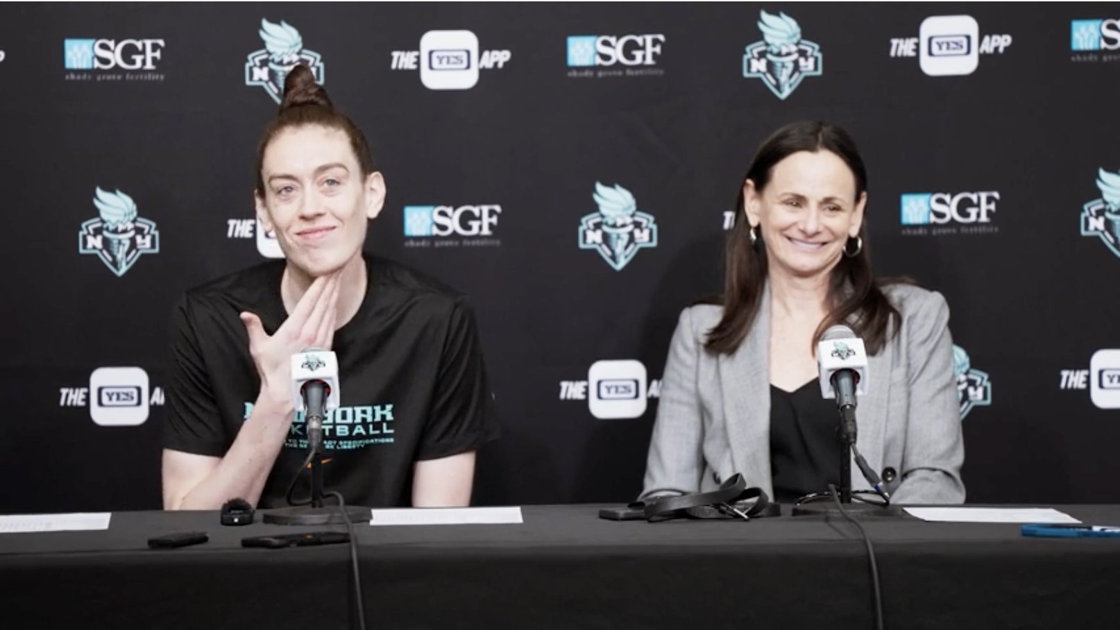 Breanna Stewart and Sandy Brondello of the New York Liberty speak to the media following New York's win over the Indiana Fever on May 21, 2023. (Screenshot)