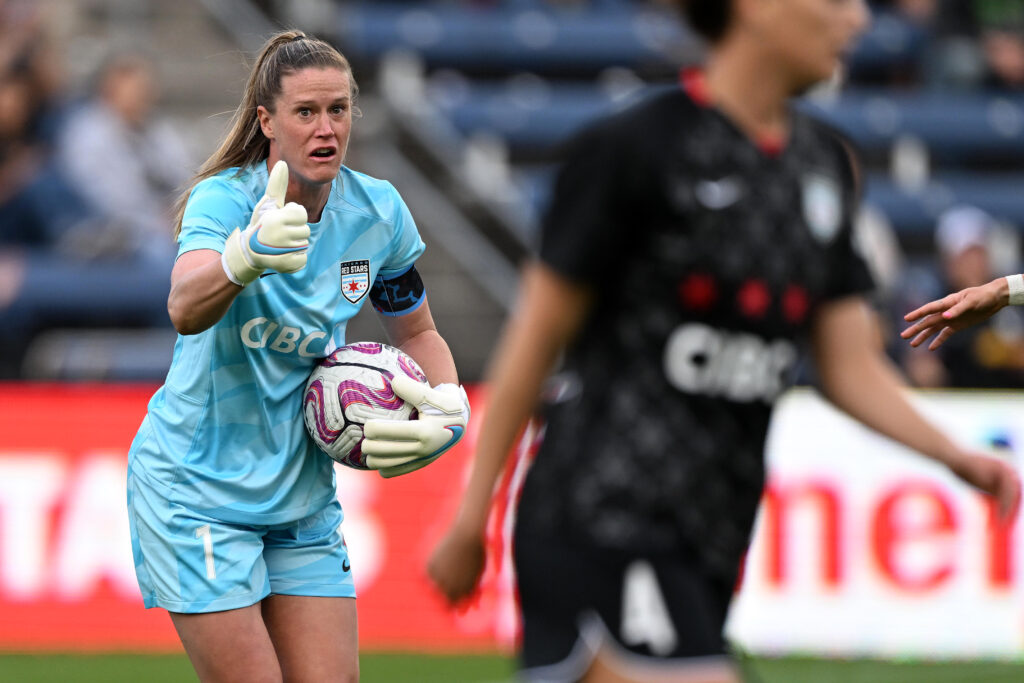 May 27, 2023; Bridgeview, Illinois, USA; Chicago Red Stars goalkeeper Alyssa Naeher (1) reacts during the first half against the Orlando Pride at SeatGeek Stadium. Mandatory Credit: Daniel Bartel-USA TODAY Sports