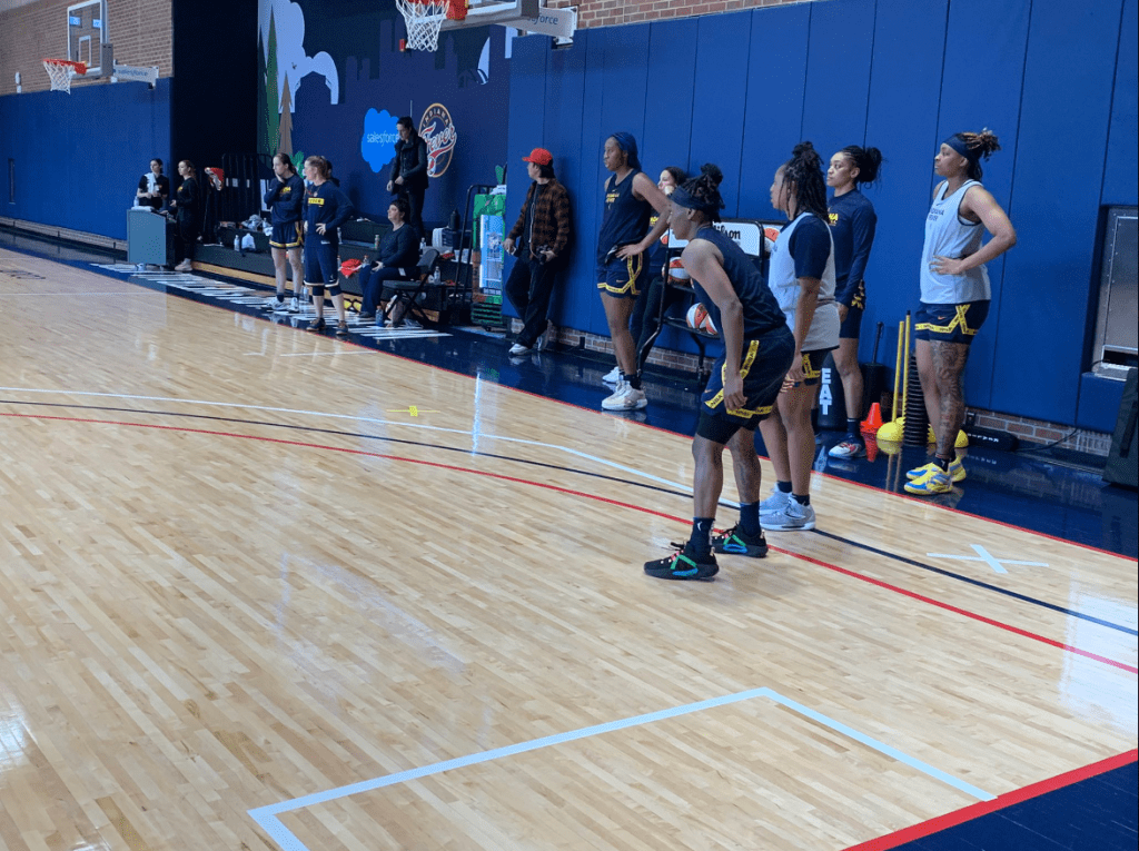 Indiana Fever guard Erica Wheeler stands near the 3-point line on defense, watching the action occurring off-camera.