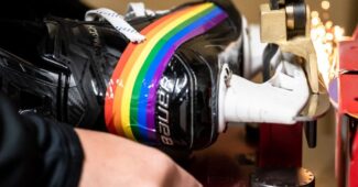 A Bauer hockey skate is pictured with rainbow Pride taped on it in celebration of Toronto Six Pride.