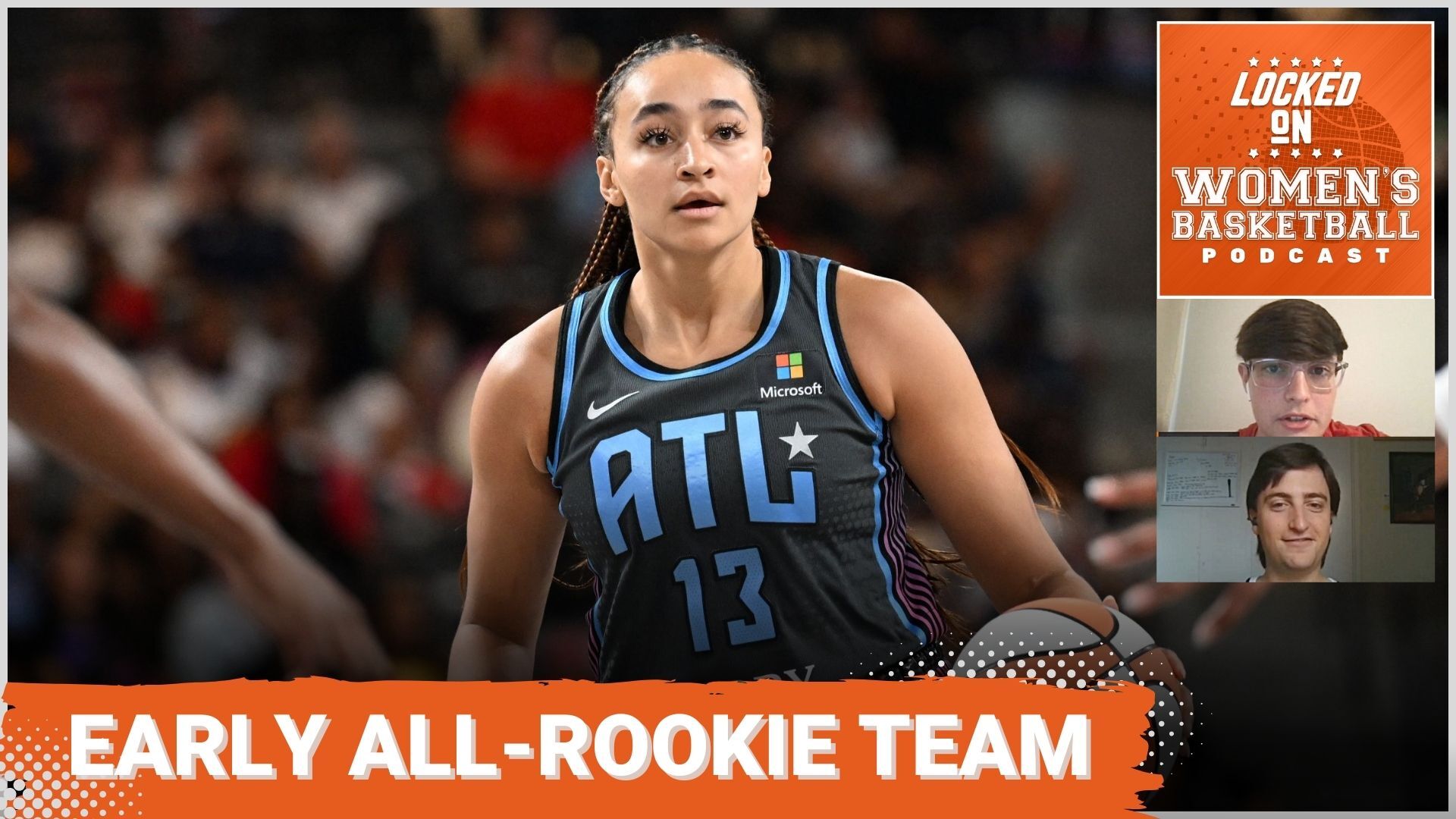 A close-up photo of Atlanta Dream forward/guard Haley Jones handling the ball. The text "Early All-Rookie Team" is overlaid at the bottom in all caps, and the orange Locked on Women's Basketball logo is in the upper right corner.