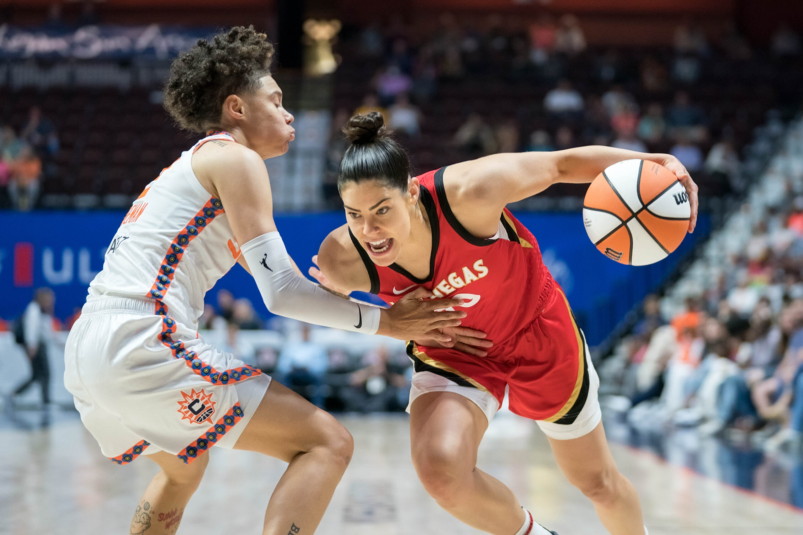 Kelsey Plum drives during the WNBA game between the Las Vegas Aces and the Connecticut Sun at Mohegan Sun Arena, Uncasville, Connecticut, USA on June 06, 2023. Photo Credit: Chris Poss